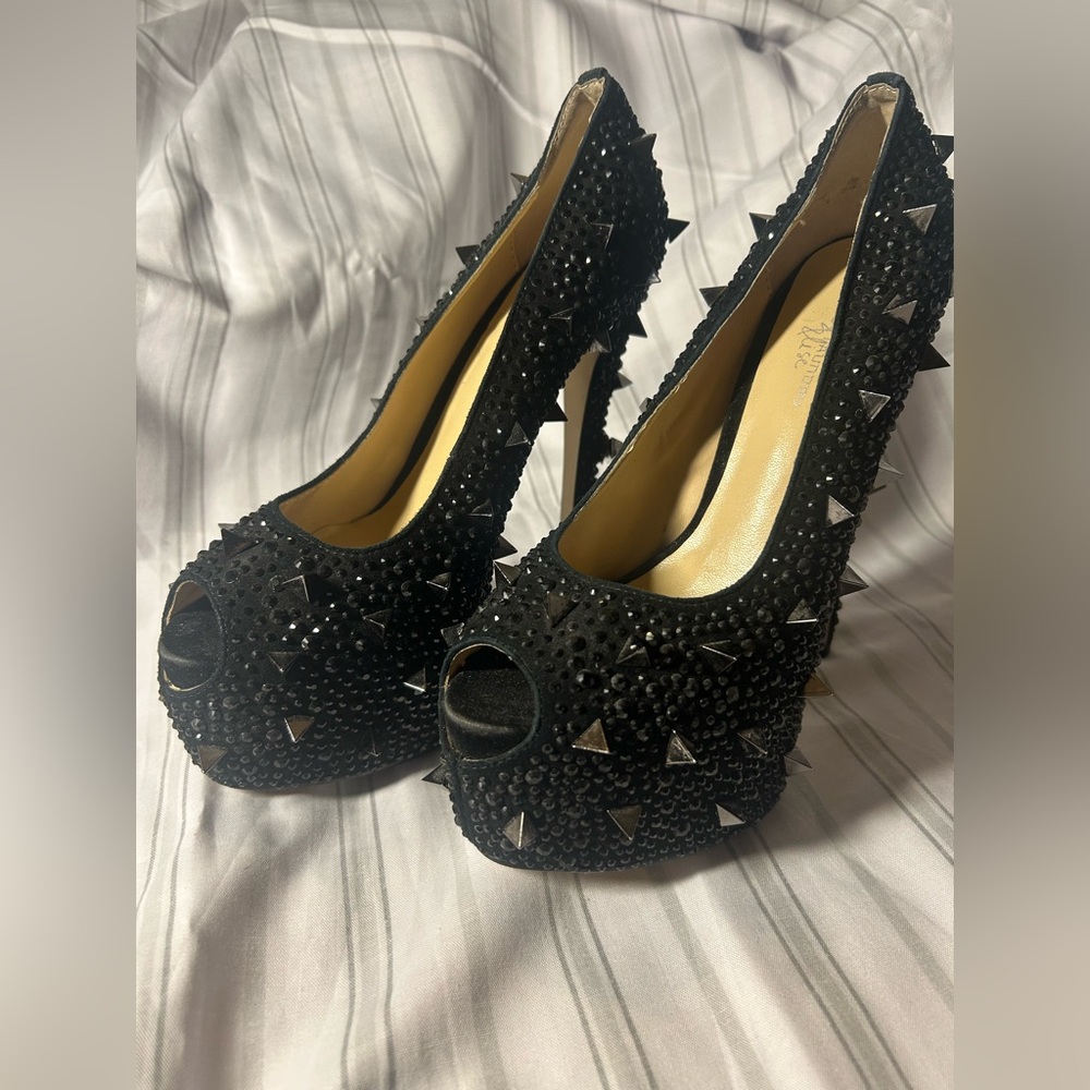 Chinese Laundry Black Studded Peep-Toe Heels-Size 8